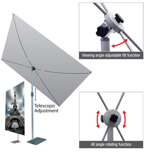 Versatile banner stand features with telescopic angle and tilt adjustment versa stand