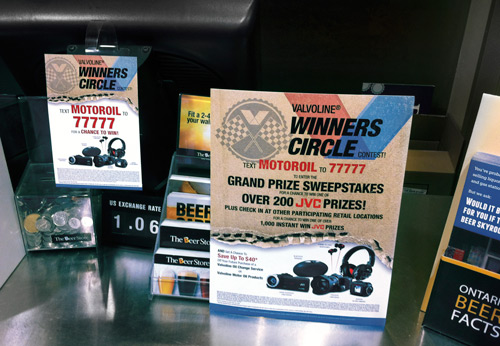 Easel and wobbler design for promotion of Valvoline Winners Circle Contest at Beer Store