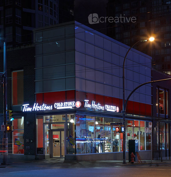 Exterior restaurant photography Tim Horton Cold Stone in Granville Vancouver British Columbia at night