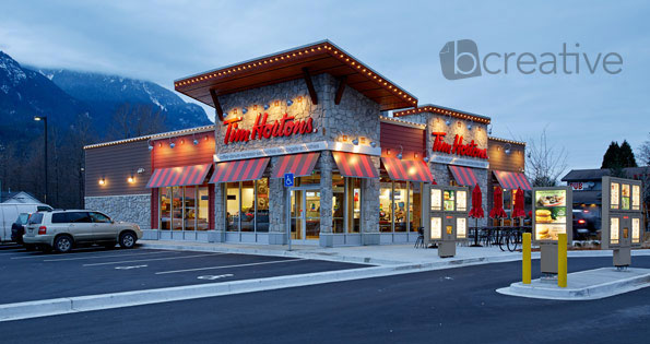 Exterior restaurant photography for Tim Hortons in Squamish British Columbia with mountains in background