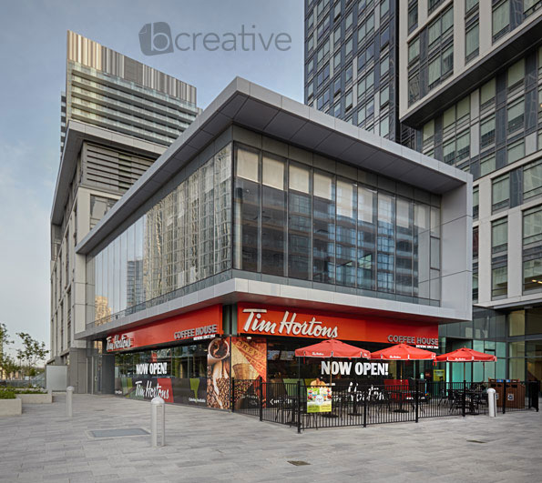 Exterior restaurant photography Tim Hortons coffee house in downtown Toronto Ontario