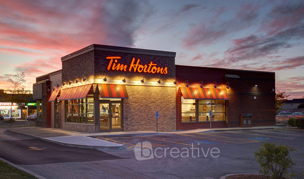 Exterior restaurant photography of Tim Hortons in London Ontario at dawn